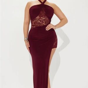 Fashion Nova Burgundy One-Shoulder Lace-Inset Evening Gown